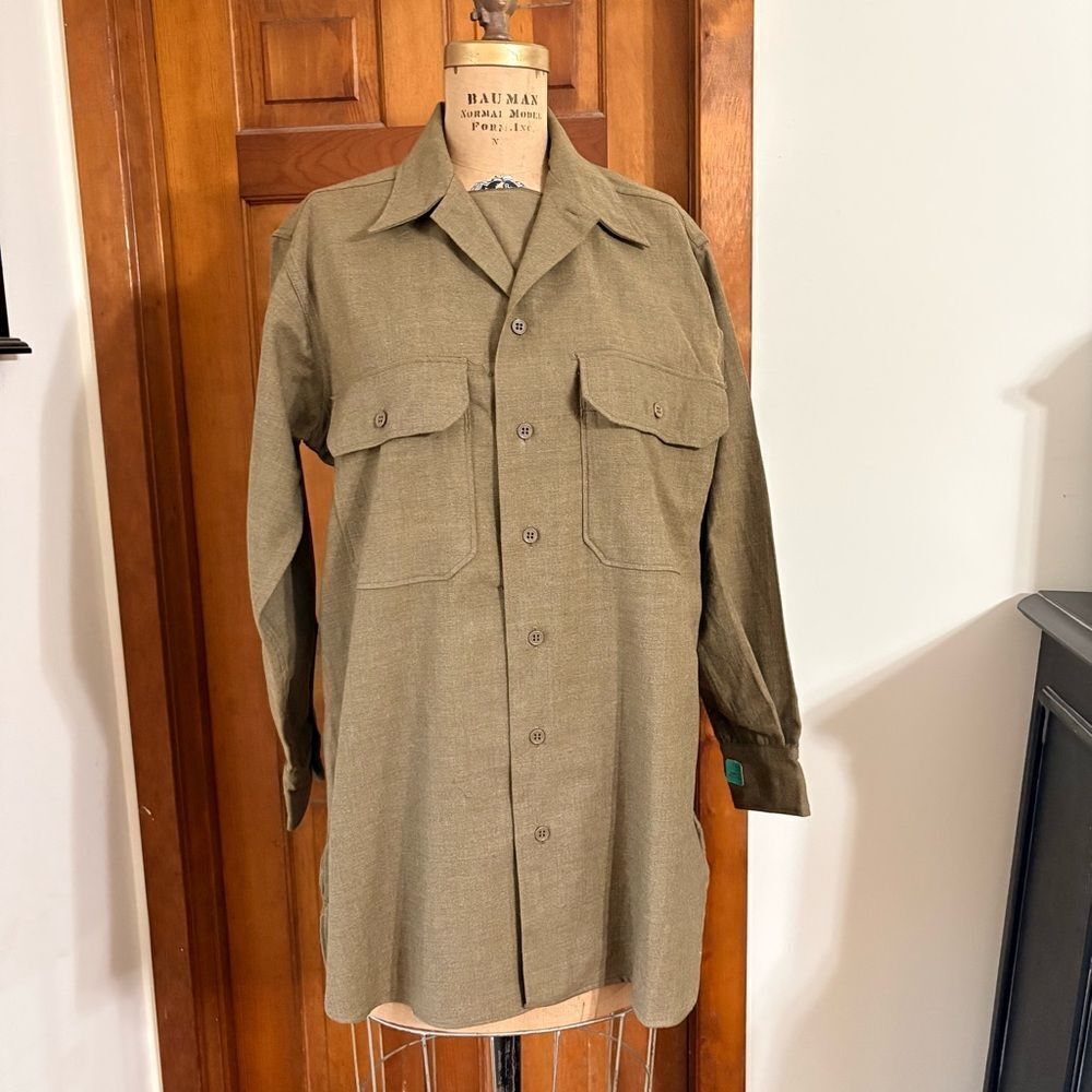 WWII 1943 US Army Officer OD Wool Flannel Coat Style Shirt 15.5 x 32